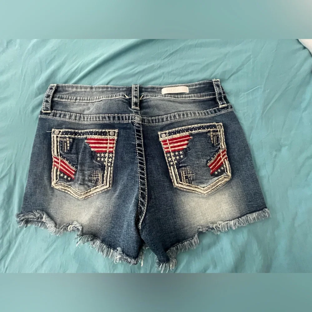 Vigoss American Flag Distressed Dark Blue Denim Shorts - Picture 1 of 4